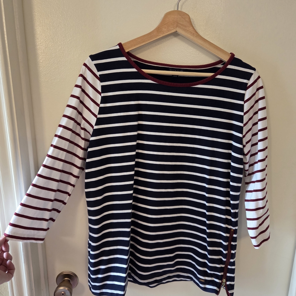 Tommy Hilfiger Navy and Maroon Striped Top L